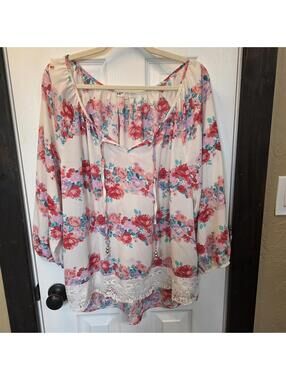 Jolt Women's Floral Print Long Sleeve Blouse with Lace Trim- XXL